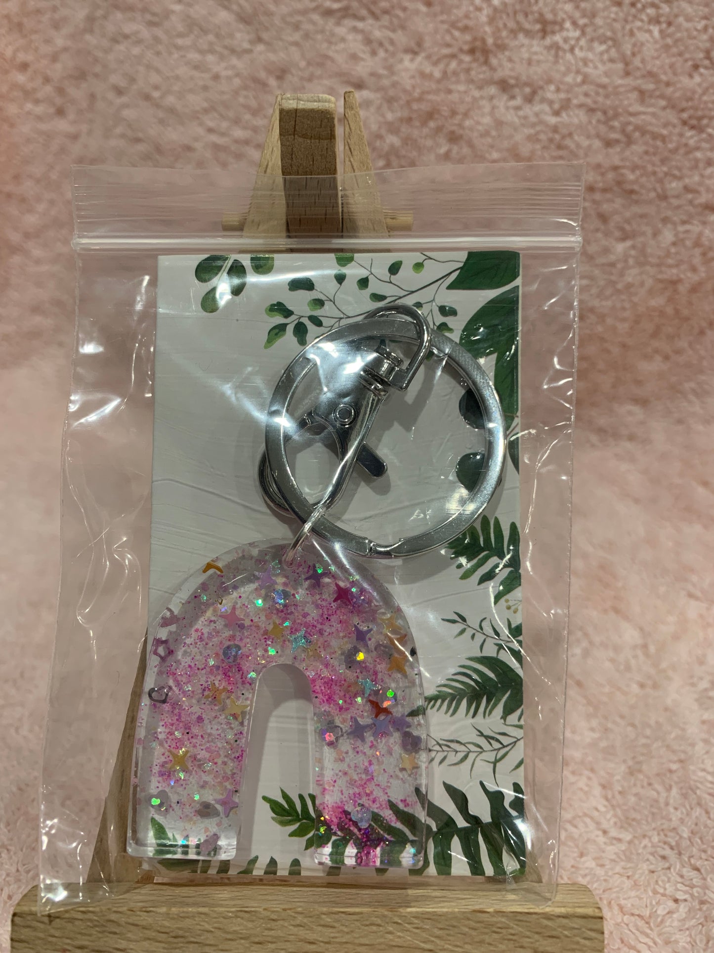 Keyring with clip "Rainbow with pink sparkles' & stars  "