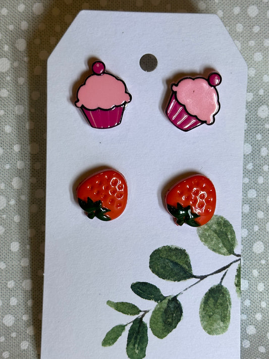 Sweetie cupcakes & strawberries stud earrings